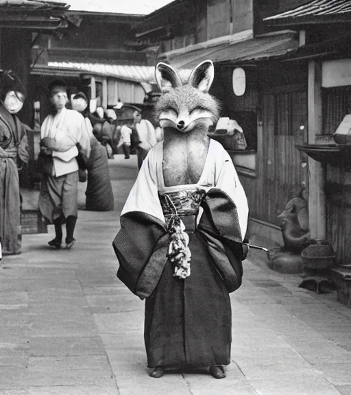 Image similar to 1 8 th century japanese street market in kyoto 1 9 0 0 s early photography historical photo portrait anthro anthropomorphic fox head animal person fursona wearing clothes street trader