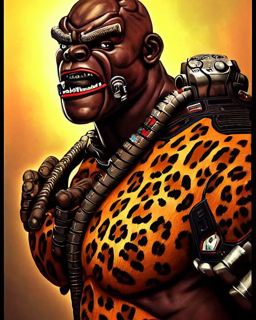 Image similar to doomfist from overwatch, aggressive expression, elegant, leopard print, character portrait, portrait, close up, concept art, intricate details, highly detailed, vintage sci - fi poster, retro future, in the style of chris foss, rodger dean, moebius, michael whelan, and gustave dore