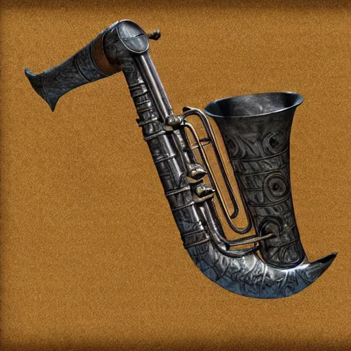 Image similar to a 3 d render of a medieval blowing horn, winding horn, animal horn, higly detailed, mystic, artwork