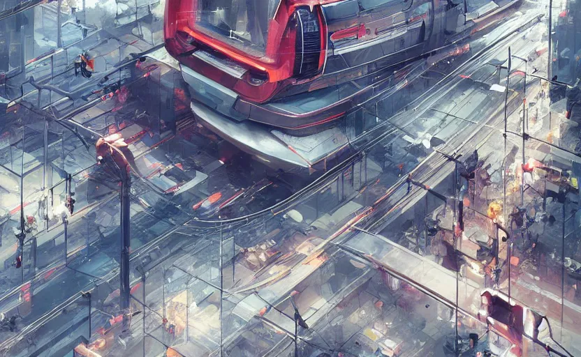 Prompt: Futuristic train intersection in a tall city, highly detailed, artstation, sharp focus, illustration, concept art, ruan jia, steve mccurry