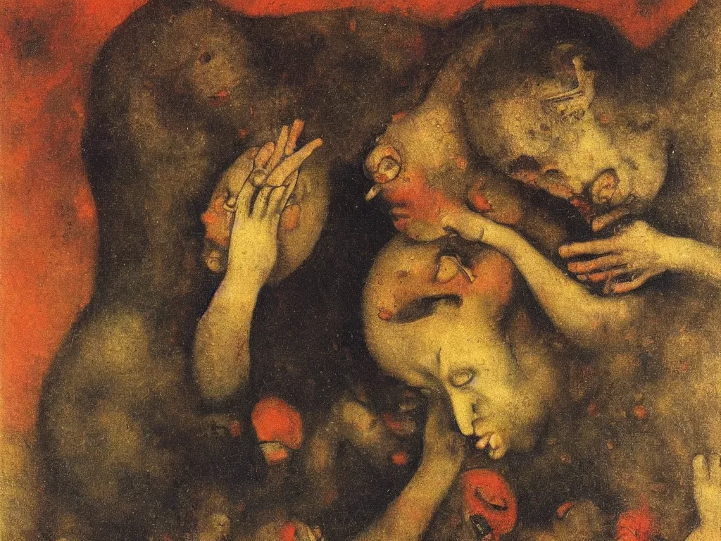 Image similar to Close up of a small devil taking the soul from the chest of a dead man. Painting by Lucas Cranach, Odilon Redon