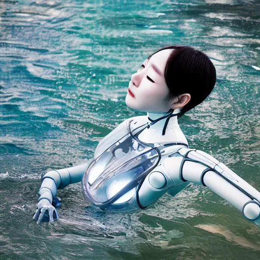 Image similar to beautiful centered fine art photo portrait of hoyeon jung as a solarpunk robotic humanoid treading on water, white mechanical parts with led lights, ultra - detailed and intricate, sun lighting, soft focus, slow exposure hdr 8 k