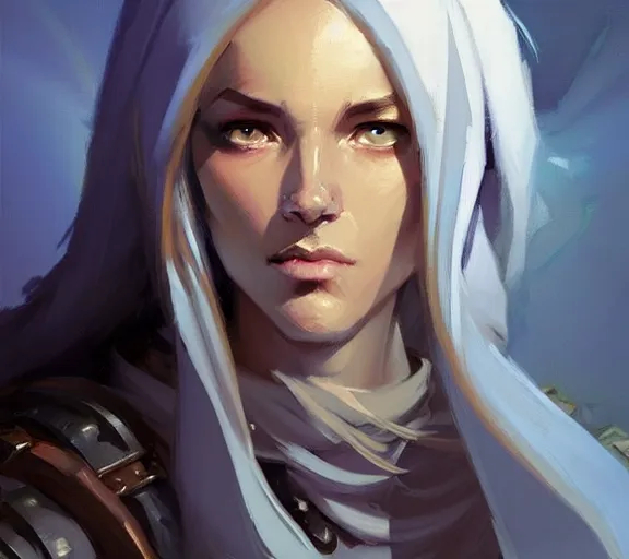 Image similar to greg manchess portrait painting of beautiful mage, d & d, fantasy, medium shot, asymmetrical, intricate, elegant, matte painting, illustration, hearthstone, by greg rutkowski, by greg tocchini, by james gilleard, by joe fenton, dynamic lighting, gradient light blue, brown, blonde cream and white color scheme, grunge aesthetic