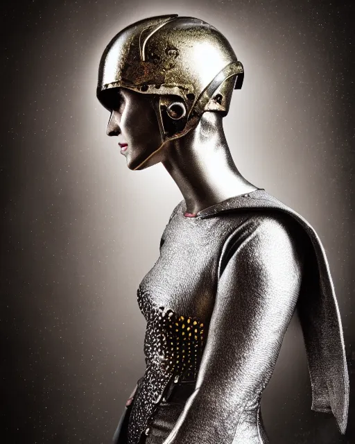 Image similar to realistic photo portrait of a metal hero woman with human head, studio lighting, 1 5 0 mm