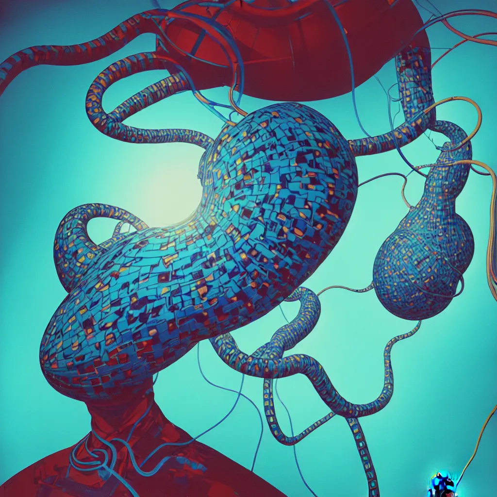 Prompt: an eternal self portrait by the artist kelbv, in distinct hyper detailed style with tubes neatly curving around his head, and inflated body filled with light blue and teal truncated tetrahedra, perfect studio lighting against a backdrop of a still from the movie flight of the squid.