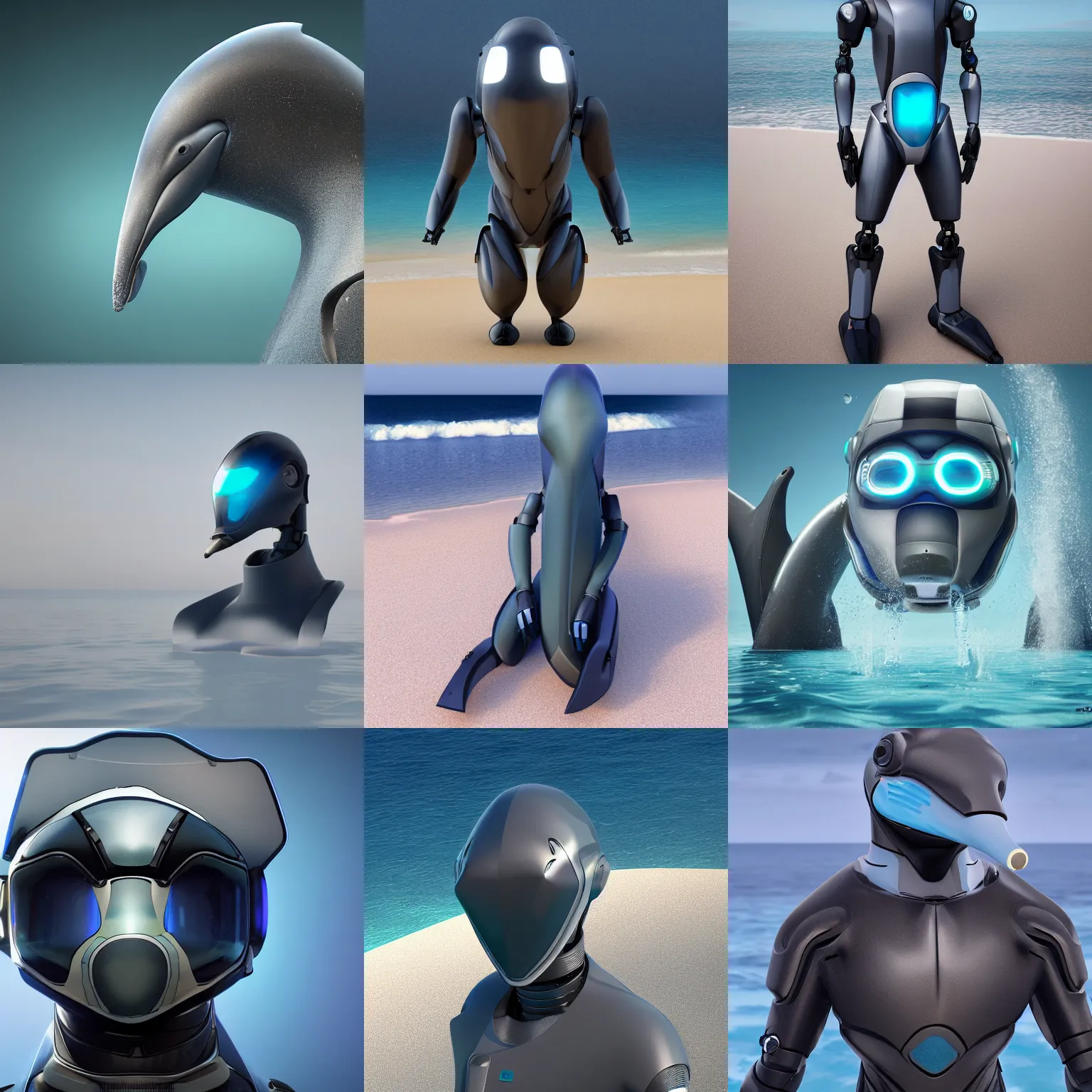 Prompt: robotic anthro dolphin, integrated synthetic cetacean hybrid android, dark opaque visor over top of face, short wide bulbous bottlenose snout extending from under visor, sleek waterproof design, male, commission on furaffinity, cgsociety, octane render, standing on a beach