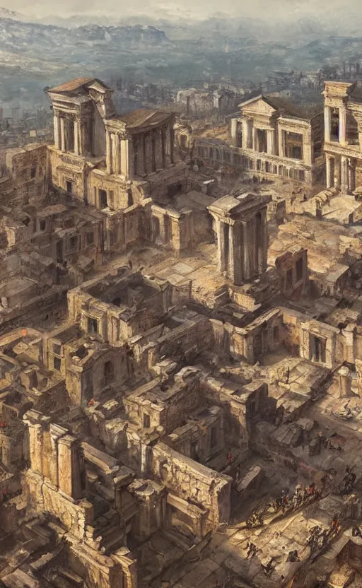Prompt: a painting of a roman city trending on artstation in the style of greg rutkowski