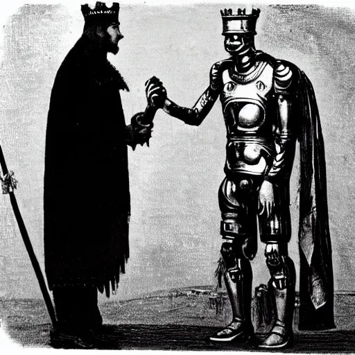 Prompt: grainy 1800s photo of a defeated and dismal human king handing his crown to triumphant cybernetic warrior overlords