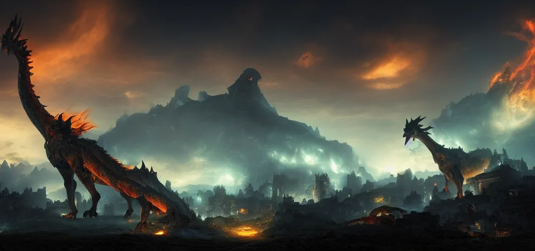 Prompt: giant glowing dragon breathing fire perched on a crumbling hillside of a gothic city in ruins at night, dramatic clouds, glowing fog, dramatic lighting, ultra detailed, sharp, ambient occlusion, raytracing, by greg rutowski, paul chadeisson and jessica rossier