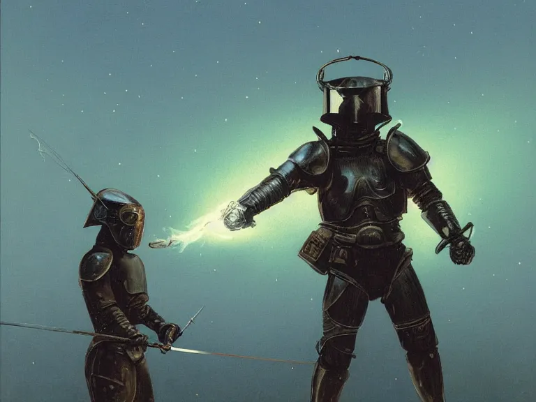 Image similar to a detailed profile painting of a bounty hunter in polished armour and visor. Fencing mask and cape. cinematic sci-fi poster. Cloth and metal. Welding, fire, flames, samurai Flight suit, accurate anatomy portrait symmetrical and science fiction theme with lightning, aurora lighting clouds and stars. Clean and minimal design by beksinski carl spitzweg giger and tuomas korpi. baroque elements. baroque element. intricate artwork by caravaggio. Oil painting. Trending on artstation. 8k