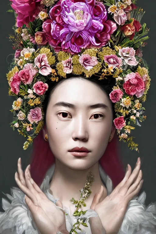 Image similar to a beautiful portrait of a singular empress, with a brilliant, impossible striking big flower headpiece, clothes entirely made out of flowers, symmetrical, dramatic studio lighting, rococo, baroque, jewels, asian, hyperrealism, closeup, D&D, fantasy, intricate, elegant, highly detailed, digital painting, artstation, octane render, 8k, concept art, matte, sharp focus, illustration, art by Artgerm and Greg Rutkowski and Alphonse Mucha