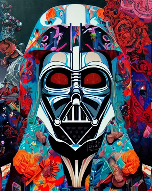 Image similar to Tristan Eaton, maximalism, darth vader, Hyper-realistic, Brom, highly detailed