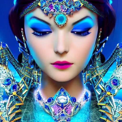 Prompt: photo of wonderful princess of sapphire with fair skin, she has her eyes closed, glowing, ornate and intricate blue jewelry, jaw dropping beauty, eyepopping colors, dynamic lighting, glowing background lighting, blue accent lighting, photorealistic, hyper detailed, award winning photography, 4 k octane render