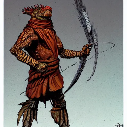 Prompt: anthro iguana warrior wearing cloak, dnd illustration by enki bilal and dan mumford, character concept trending on artstation