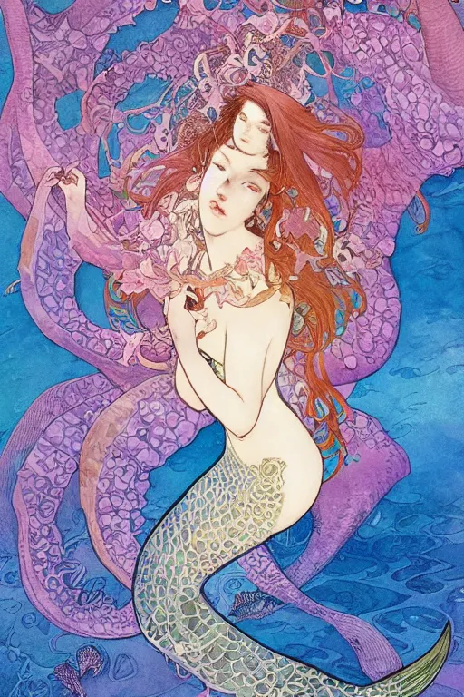 Image similar to a beautiful intricate watercolor illustration of a mermaid swimming with a manta ray in a coral reef, tropical fish and octopus, 4 k, ultra - wide angle, by william turner, by victo ngai, by alphonse mucha, by miho hirano, by moebius, hd, trending on artstation, hyper detailed, muted intense colors