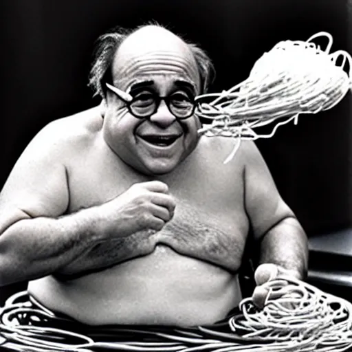 Image similar to danny devito swimming in spaghetti. he's not happy about it.