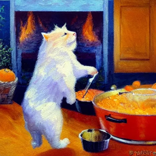 Image similar to beautiful impressionist painting of a orange maine coon with a white bears cooking some sausages on a pan