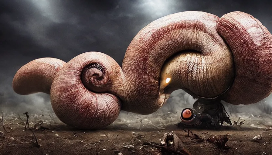 Image similar to big budget horror movie about a carnivorous giant cyborg snail