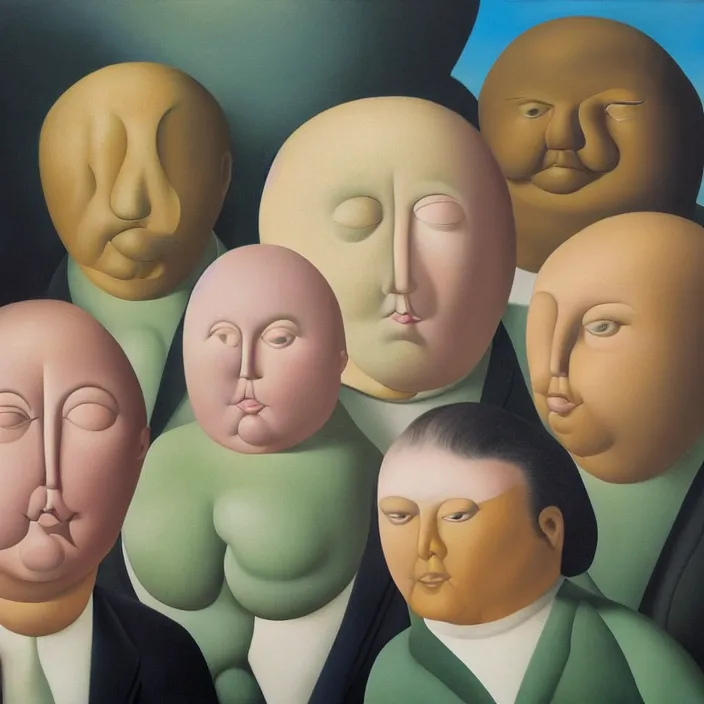 Image similar to group of people pictured in afternoon light, close - up of the faces, anatomically and proportionally correct, surrealist oil painting by botero, dora maar and rene magritte, detailed