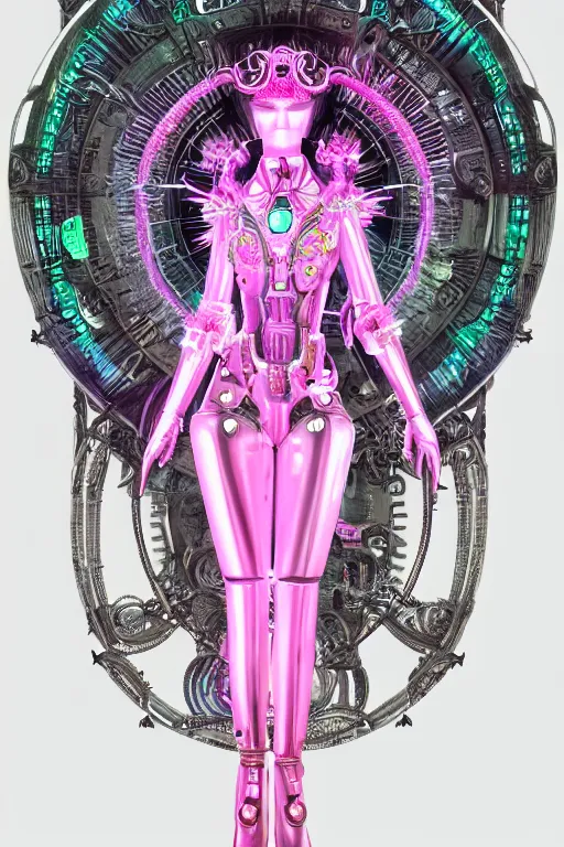 Prompt: full-body baroque and bladerunner style pink neon statue of a beautiful goddess ((mech humanoid)) dancing sim roupa, (((glowing white face))), (crown of golden steampunk gears), emeralds, swirling silver silk fabric. futuristic elements. prismatic liquid rainbow light, full-length view. space robots. (((human skulls))). throne made of bones, intricate artwork by caravaggio. Trending on artstation, octane render, cinematic lighting from the right, hyper realism, octane render, 8k, depth of field, 3D