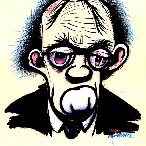 Prompt: : barney looking sad, political cartoon, style of Ralph Steadman