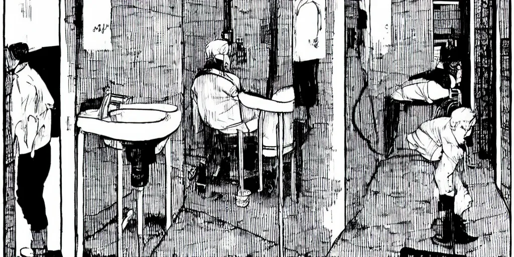 Image similar to An old man in his 80’s with a cane falls on the floor in a toilet, by Junji Ito