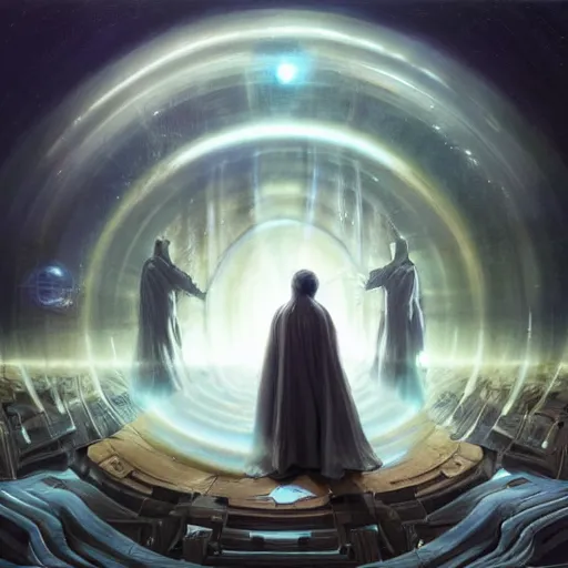 Prompt: the creators of worlds wearing cloaks, standing in a circle and holding a holographic planet projection in his hand, detailed, sci - fi, digital painting, artstation, sharp focus, illustration, ominous, artgerm, tomasz alen kopera, peter mohrbacher, donato giancola, joseph christian leyendecker, wlop, frank frazetta