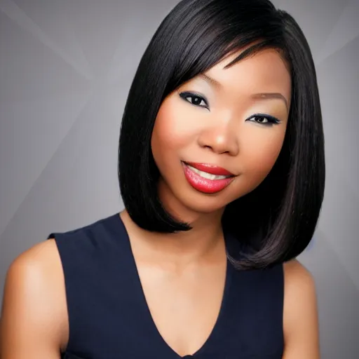 Prompt: a fullbody shot of a beautiful, african - asain female news anchor, with a bob cut, ultra hd, high definition, high quality, crisp, sharp, smooth, 8 k resolution