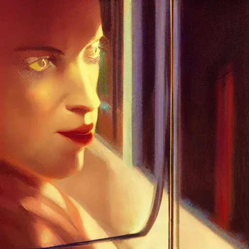 Image similar to detailed face of a woman, moment, cyberpunk cloisters, electronic billboards, tech noir, wet reflections, prism, atmospheric, ambient, pj crook, syd mead, livia prima, greg rutkowski, edward hopper