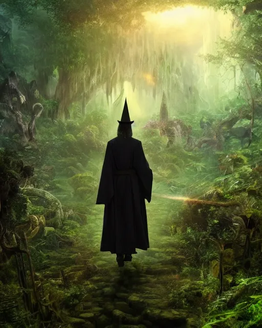 Image similar to a wise wizard walking towards a ravenous, horrific ruin of hades in a densely overgrown, magical jungle, fantasy, dreamlike sunraise, stopped in time, dreamlike light incidence, ultra realistic