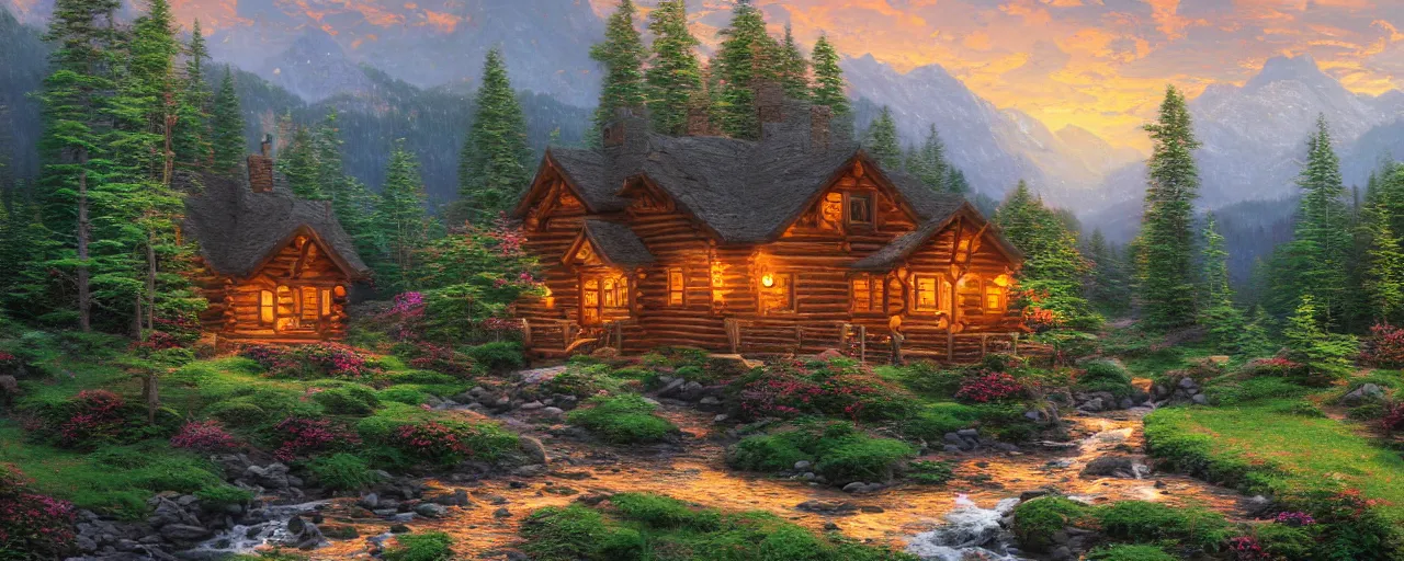 Prompt: A cabin in the mountains by Thomas Kinkade, 4k wallpaper, XF IQ4, 150MP, 50mm, F1.4, ISO 200, 1/160s, natural light