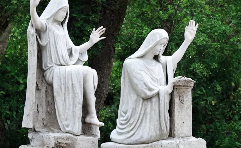 Image similar to A white priestess is conjuring a spell inside the ancient and mythical temple. Bronze statue