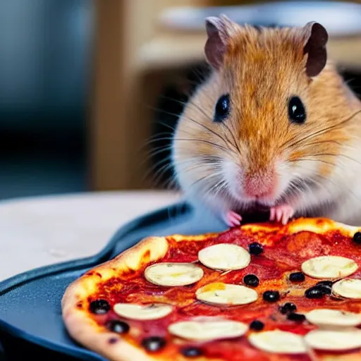 Prompt: hamster eating a pizza