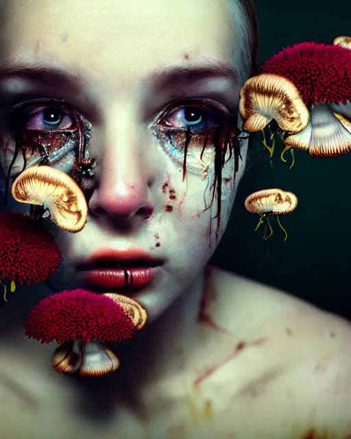 Image similar to a disturbing digital horror arthouse photograph of a beautiful crying woman with flowers and fungus growing out of her head and petals dripping from her eyes, intricate, sharp focus, cinematography, highly detailed, octane render, digital horror artwork, matte, photography by professional photographer