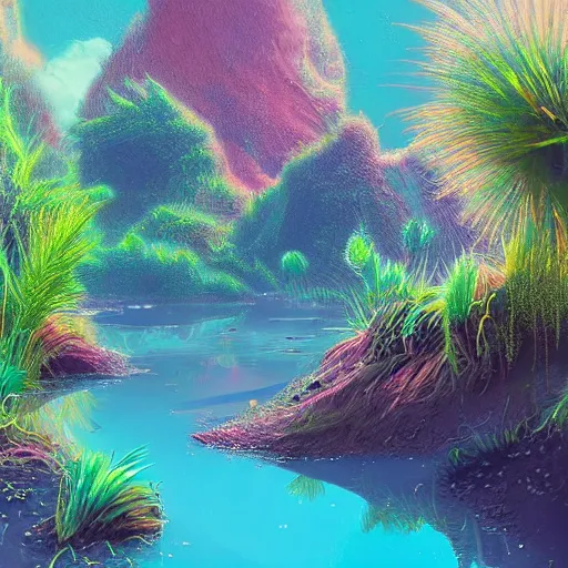 Image similar to beautiful digital painting of a lush natural scene on a colourful alien planet by vincent bons. ultra sharp high quality digital render. detailed. beautiful landscape. weird vegetation. water. soft colour scheme. grainy.