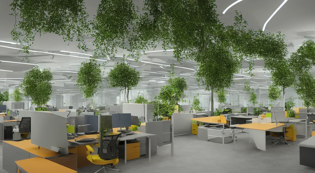 Image similar to futuristic office with trees and plants, glowing computer screens, bright with large windows and voluminous light and light rays, extremely intricate, very detailed, artstation, octane render, warm colored furniture and highlights, cinematic lighting
