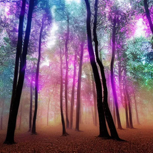 Image similar to old forest with glowing trees and glitter dust in cosmic color fog, tree bark made of rainbow glitter