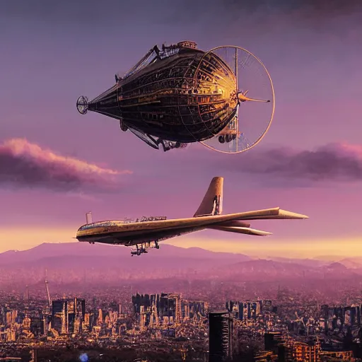 Image similar to a steampunk airship flies over santiago of chile, purple dawn, costanera center, by greg rutkowski and ivan shishkin