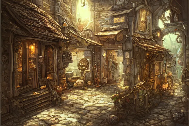 Prompt: A miniscule shop viewed from the inside, texture, intricate, details, highly detailed, masterpiece, architecture, building, trending on artstation, focus, sharp focus, concept art, digital painting, fantasy, sunny, day, midday, in the style of Dungeons and Dragons