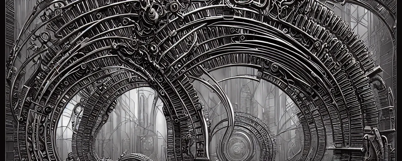 Image similar to a double helix dna cyberpunk steampunk stone carved archway, art deco high details, lineart, by vincent di fate and joe fenton, inking, screen print, masterpiece, trending on artstation, sharp, high contrast, hyper - detailed, ultrawide, hd, 4 k, 8 k