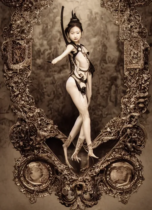 Image similar to a portrait of asian female by stefan geselle and nekro borja, photorealistic, intricate details, hyper realistic, fantasy, elegant, baroque victorian steampunk, photorealistic, canon r 3, photography, symmetrical features, symmetrical pose, wide angle shot, standing pose, feet on the ground, wearable art