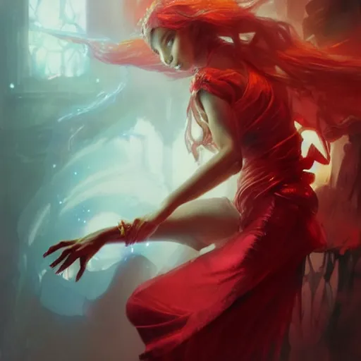 Prompt: a beautiful artwork of a scarlet sorceress performing magic, by raymond swanland and jesper ejsing, featured on art station, lighting study, concept art, beautiful composition, rim light