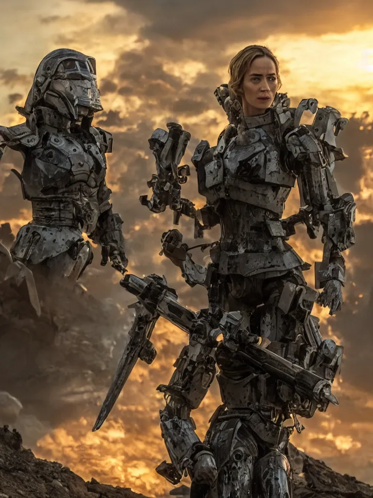 Image similar to emily blunt in futuristic power armor, holding a sword, edge of tomorrow, angel of verdun, sunset