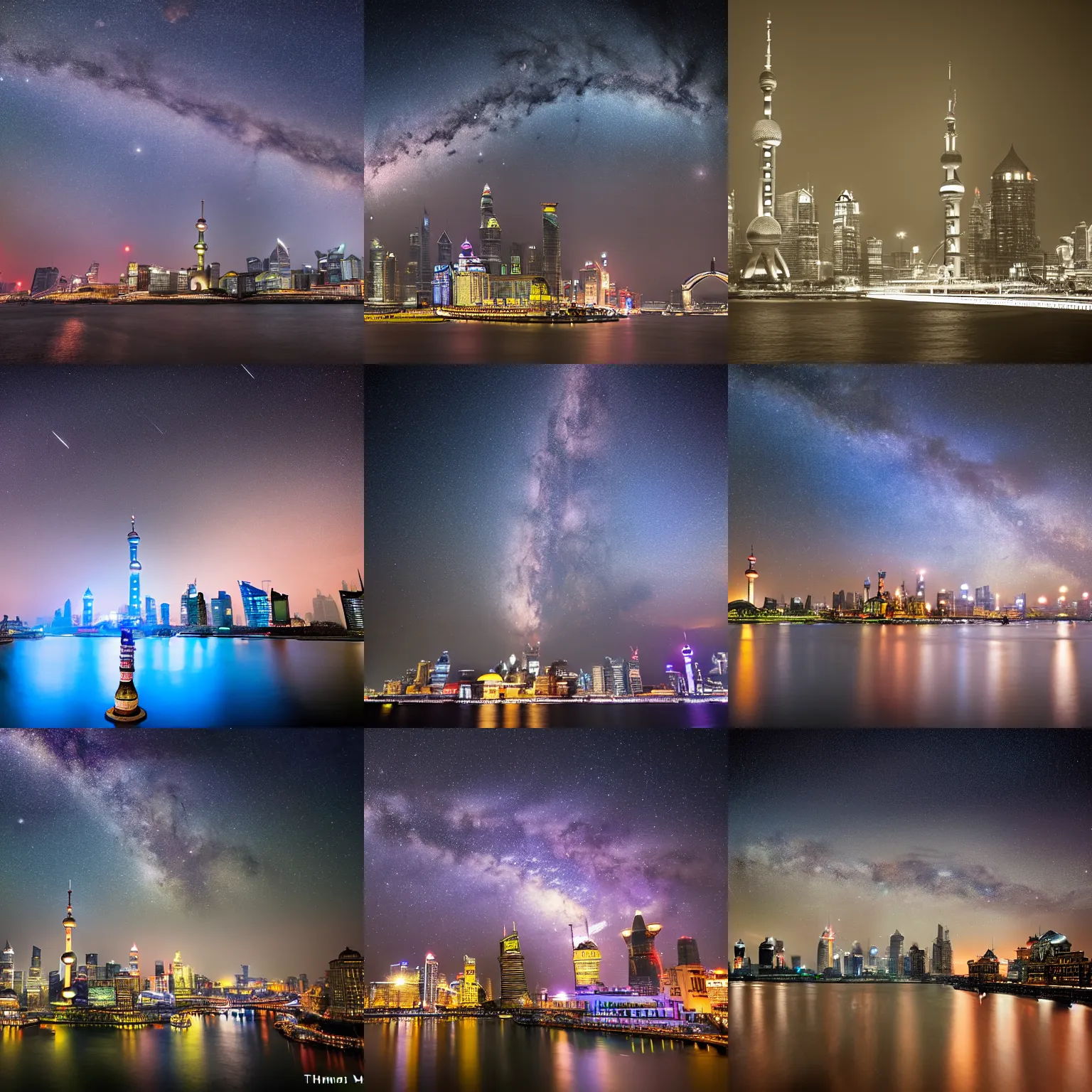 Prompt: milky way astrophotography, The Bund, Shanghai by Thomas Heaton, f8, 14mm