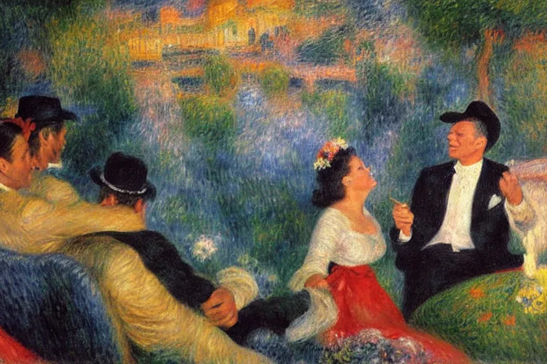 Prompt: frank sinatra and peggy lee singing at the hollywood bowl, by renoir and margaret keene and monet,