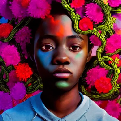 Image similar to colourful vfx art - portrait of nigerian boy wrapped in flowers & vines, art by hsiao - ron cheng & james jean, volumetric light, ray tracing, colourful, sharp, detailed, digital painting, illustration, illustration, highly detailed, intricate detail, unreal engine, octane render, pinterest, behance, art station,