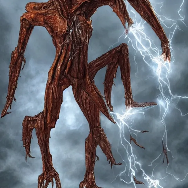 Image similar to a semi-humanoid alien creature that is 20 ft tall, the creature is able to control electricity, it has an armor suit for protection