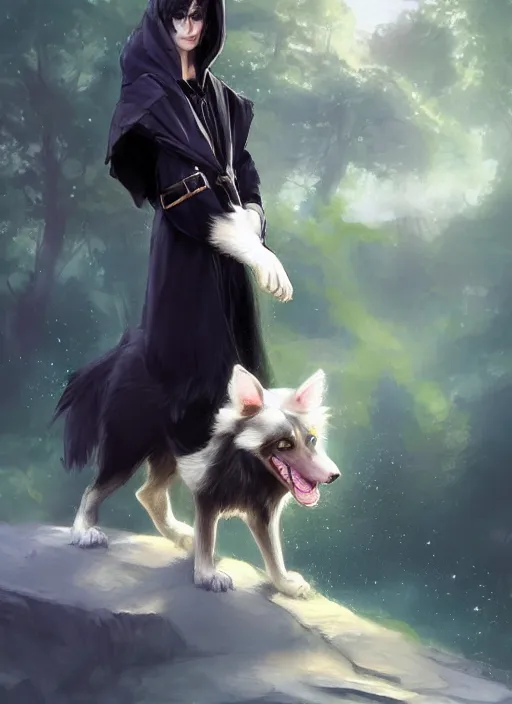 Prompt: beautiful wide angle full body portrait of a cute male anthropomorphic anthro border collie fursona wearing black robes at a theme park, character design by charlie bowater, henry asencio, and ross tran, scenic background, detailed, glamor pose, aesthetic, trending on artstation, furaffinity, deviantart