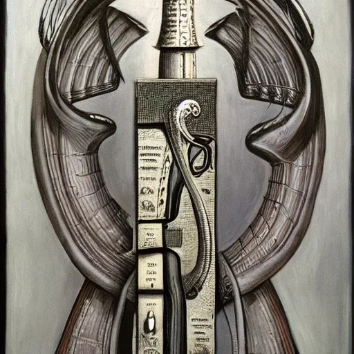 Prompt: a painting of the rod of asclepius by h. r. giger