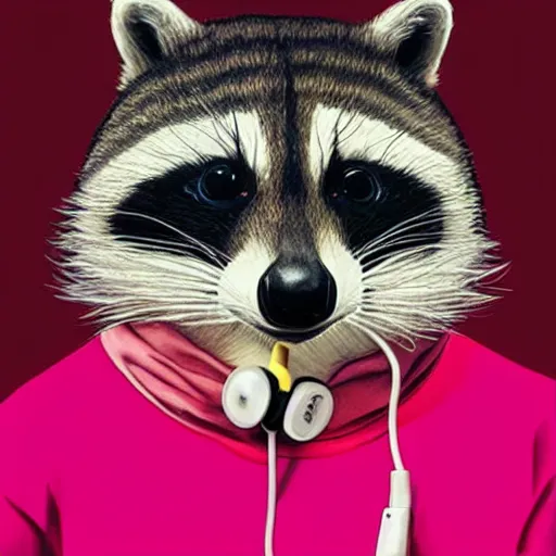 Prompt: racoon wearing pink headphones, chad, poster style, vivid colors